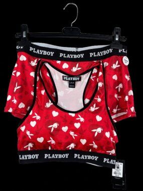 LIMITED TIME Playboy Red Sports Bra and Boy Short Set with Hearts & Bunny Print